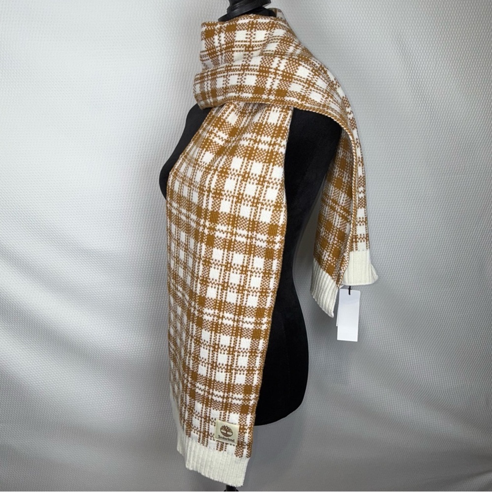 Timberland Brown and Cream Checkered Scarf NWT 64”X 10”